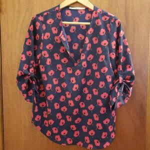 41 Hawthorn Womens Floral Print V-Neckline Roll Tab Sleeves Blouse Size S